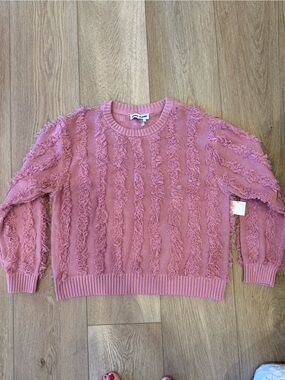 NWOT DKNY Jeans XL Blush Pink Fringe Stripe Boxy Oversized Sweater Cozy Knit